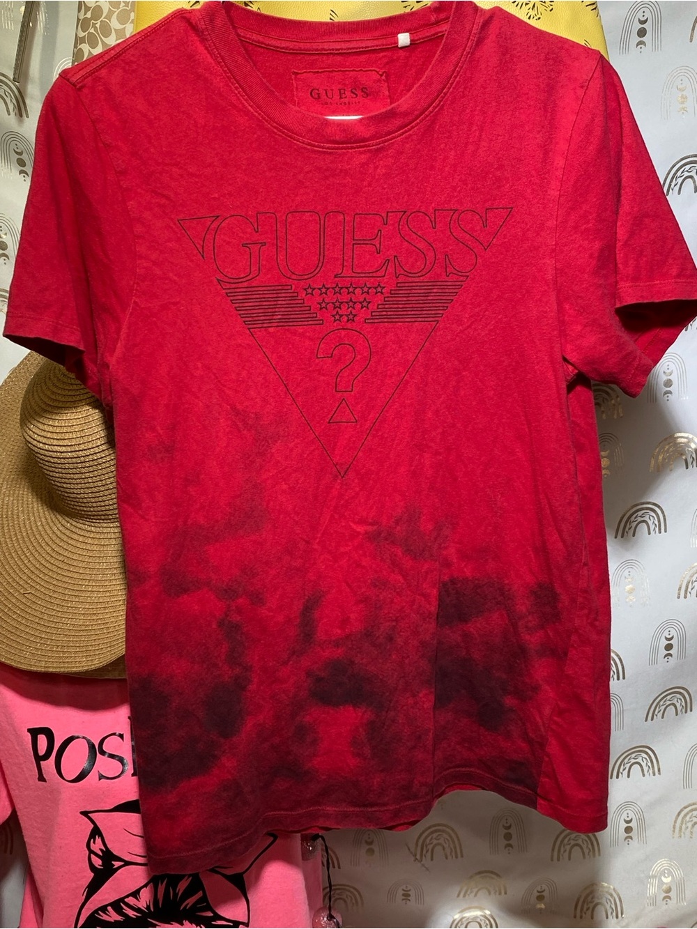 GUESS Red and Black Tie-Dye Logo Tee - Picture 1 of 5